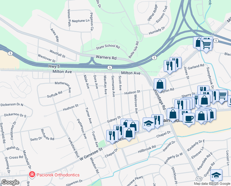 map of restaurants, bars, coffee shops, grocery stores, and more near 300 Germania Ave in Syracuse