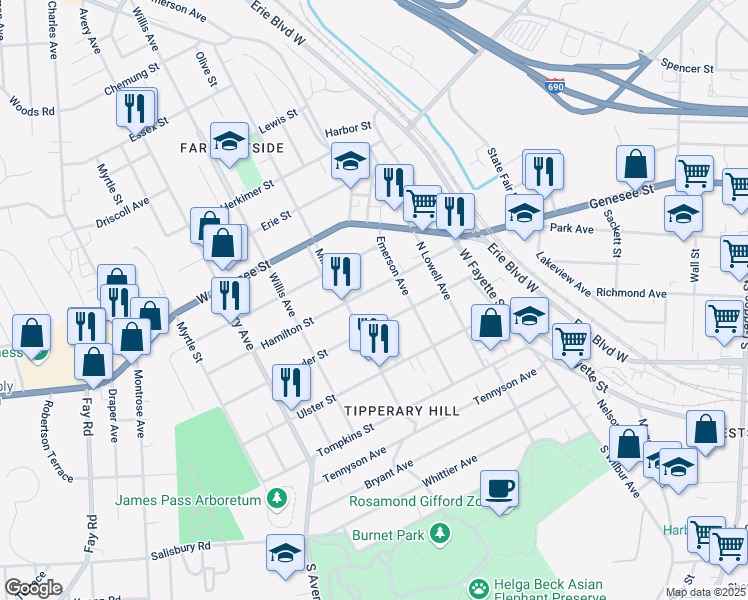 map of restaurants, bars, coffee shops, grocery stores, and more near 411 Hamilton St in Syracuse
