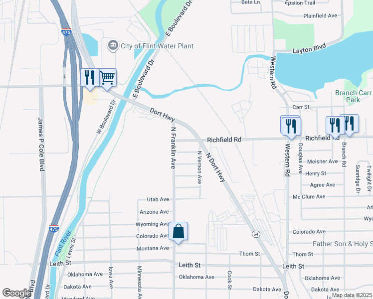 map of restaurants, bars, coffee shops, grocery stores, and more near 1923 Weaver Street in Flint