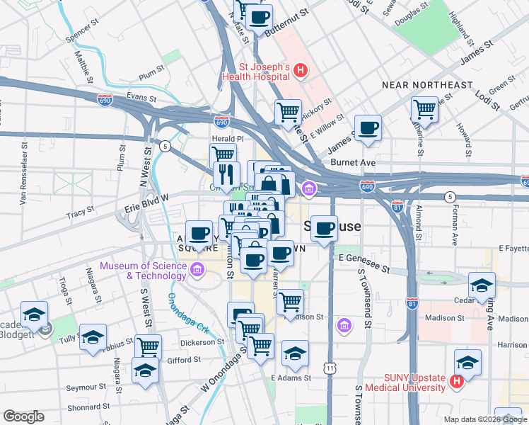 map of restaurants, bars, coffee shops, grocery stores, and more near 121 South Salina Street in Syracuse