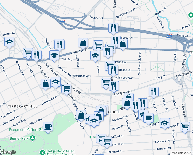 map of restaurants, bars, coffee shops, grocery stores, and more near 134 Wall Street in Syracuse