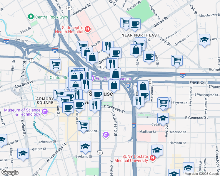 map of restaurants, bars, coffee shops, grocery stores, and more near 424 East Water Street in Syracuse