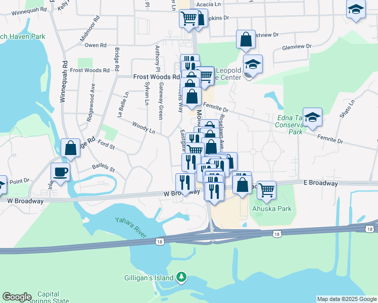 map of restaurants, bars, coffee shops, grocery stores, and more near 6300 Eastgate Road in Monona