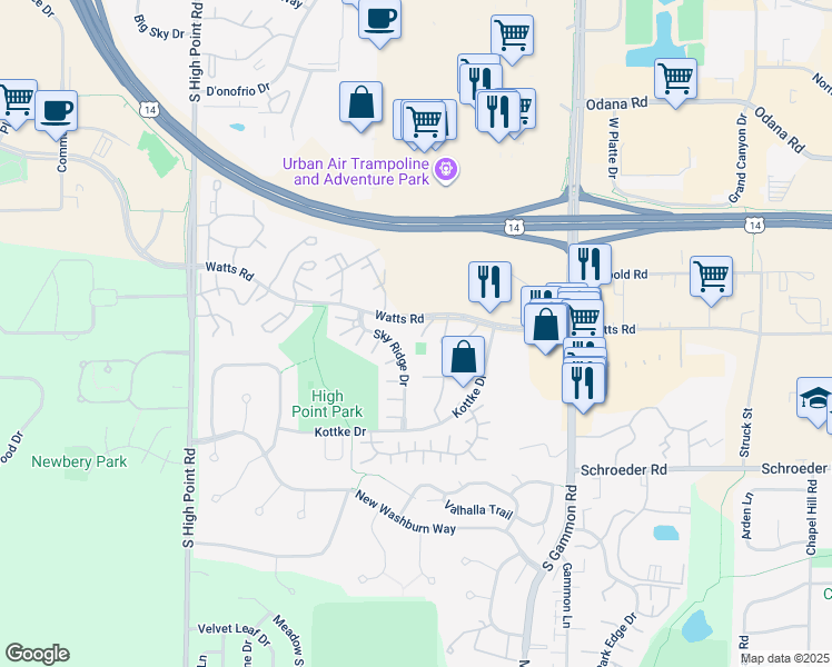 map of restaurants, bars, coffee shops, grocery stores, and more near 7221 Watts Road in Madison