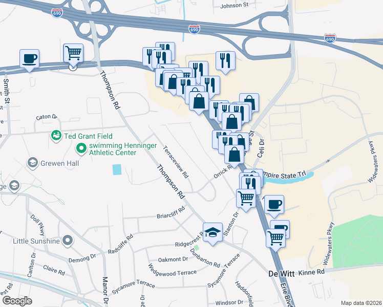 map of restaurants, bars, coffee shops, grocery stores, and more near 120 Clearview Road in Syracuse