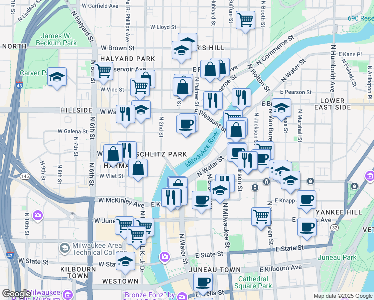 map of restaurants, bars, coffee shops, grocery stores, and more near 1517 North River Center Drive in Milwaukee