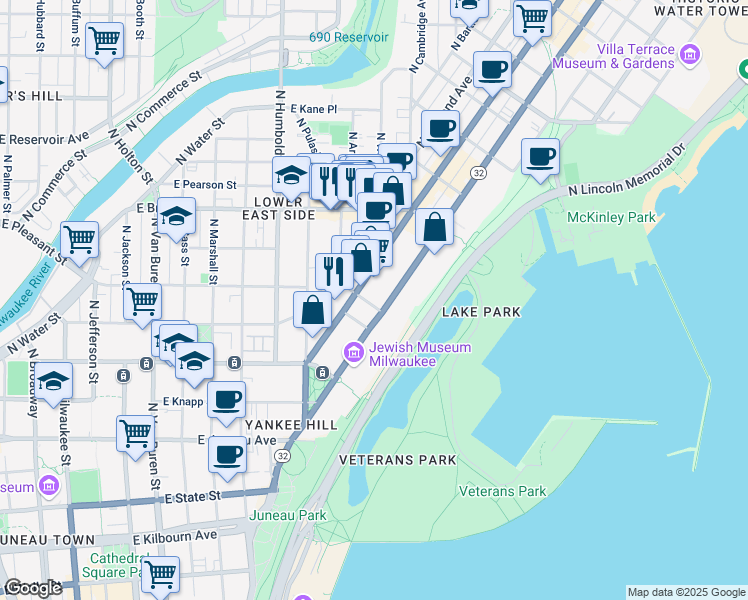 map of restaurants, bars, coffee shops, grocery stores, and more near 1428 East Albion Street in Milwaukee