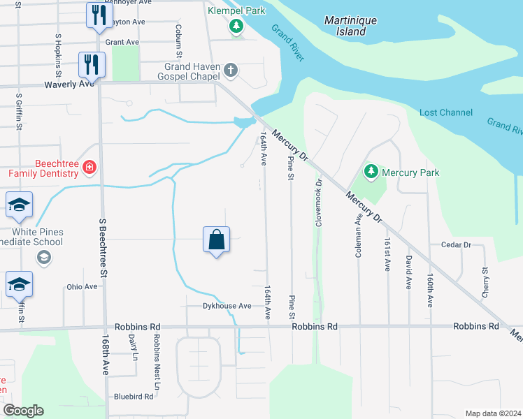map of restaurants, bars, coffee shops, grocery stores, and more near 1209 Moreland Street in Grand Haven