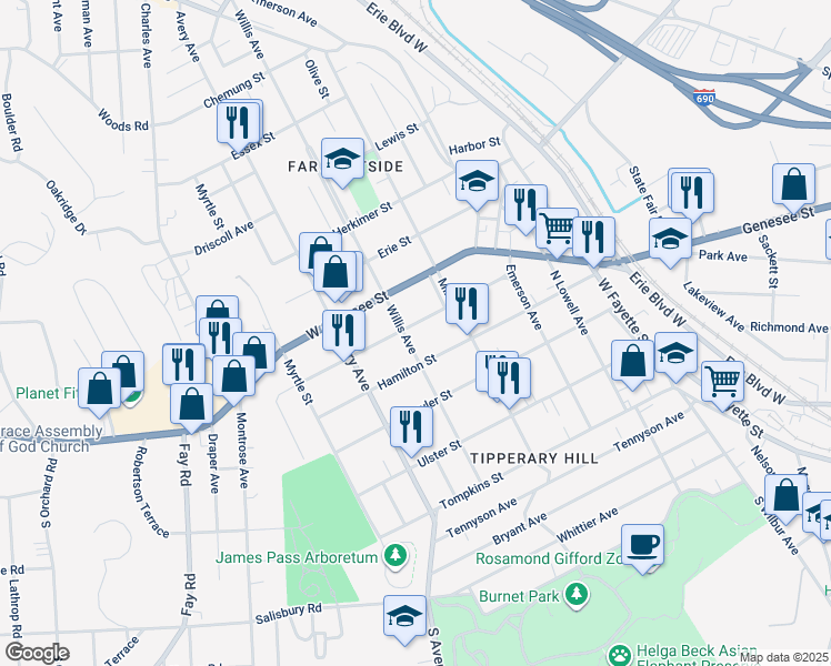 map of restaurants, bars, coffee shops, grocery stores, and more near 223 Cayuga Street in Syracuse