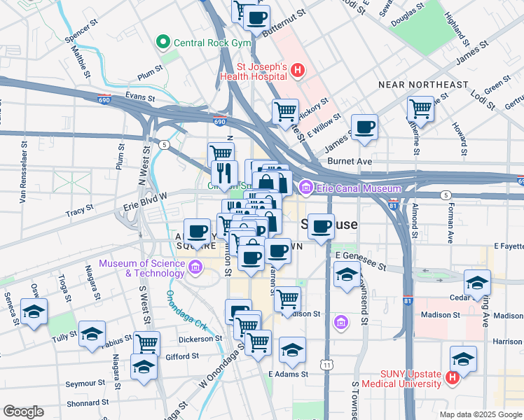 map of restaurants, bars, coffee shops, grocery stores, and more near 121 South Salina Street in Syracuse
