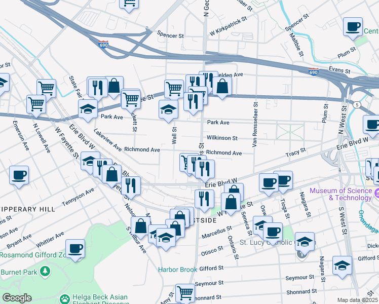 map of restaurants, bars, coffee shops, grocery stores, and more near 315 Richmond Avenue in Syracuse