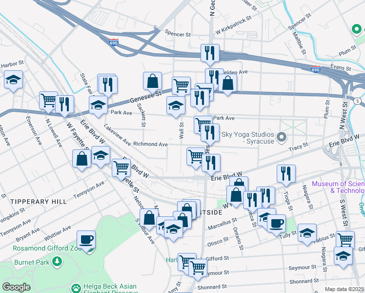 map of restaurants, bars, coffee shops, grocery stores, and more near 134 Wall Street in Syracuse