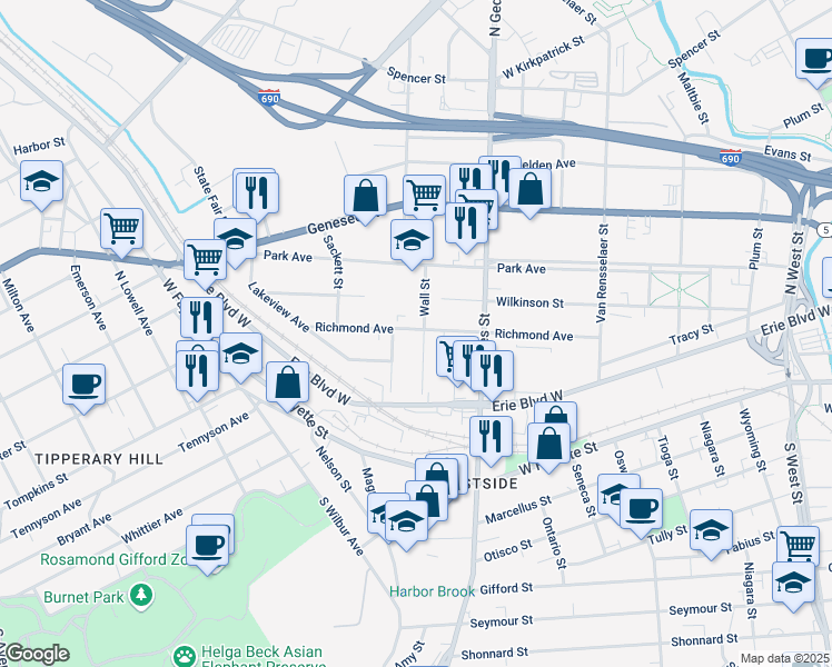 map of restaurants, bars, coffee shops, grocery stores, and more near 134 Wall Street in Syracuse