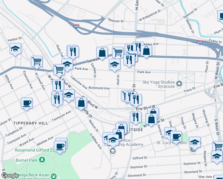 map of restaurants, bars, coffee shops, grocery stores, and more near 507 Richmond Avenue in Syracuse