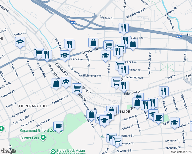 map of restaurants, bars, coffee shops, grocery stores, and more near 507 Richmond Avenue in Syracuse