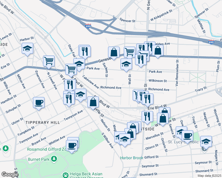 map of restaurants, bars, coffee shops, grocery stores, and more near 557 Richmond Avenue in Syracuse