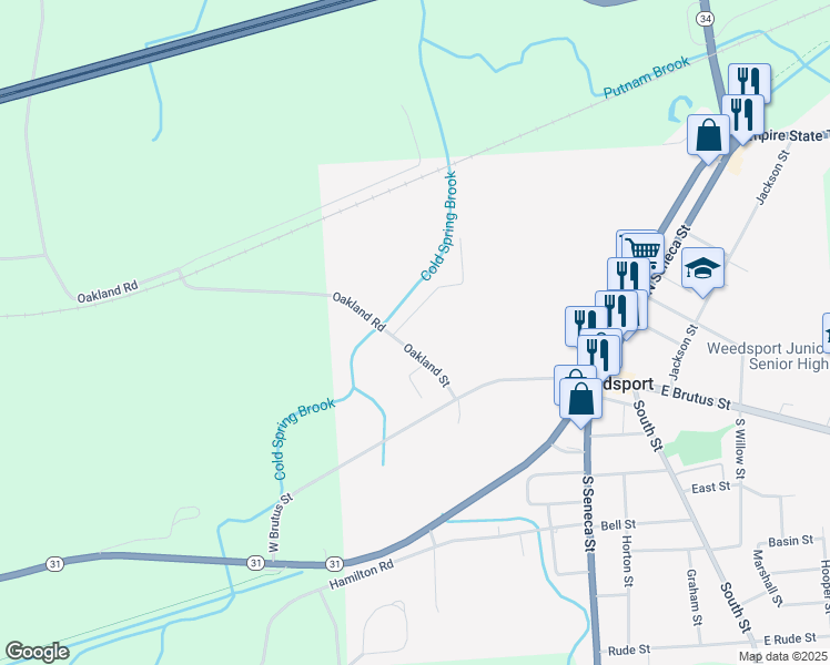 map of restaurants, bars, coffee shops, grocery stores, and more near 2584 Earl Street in Weedsport
