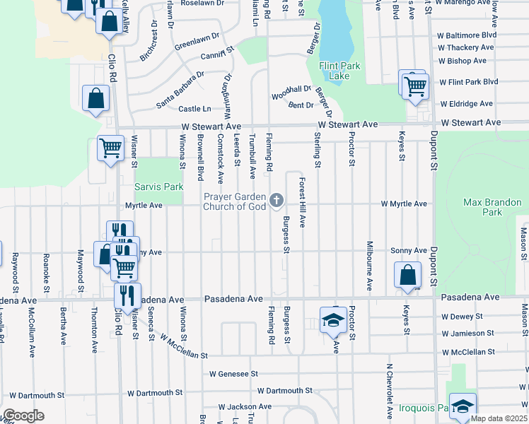 map of restaurants, bars, coffee shops, grocery stores, and more near 3910 Trumbull Drive in Flint