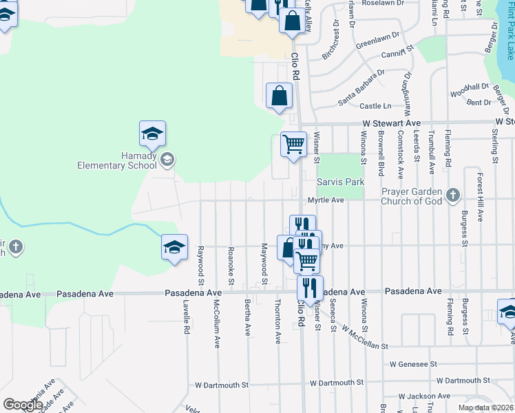map of restaurants, bars, coffee shops, grocery stores, and more near 3138 Bertha Avenue in Flint
