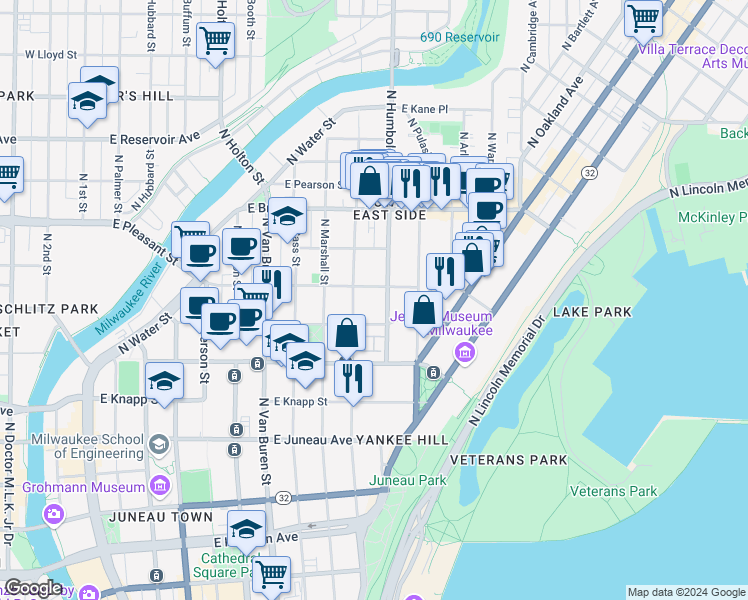 map of restaurants, bars, coffee shops, grocery stores, and more near 1533 North Humboldt Avenue in Milwaukee