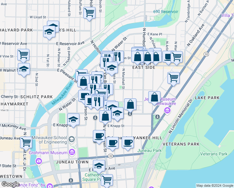 map of restaurants, bars, coffee shops, grocery stores, and more near 1527 North Marshall Street in Milwaukee