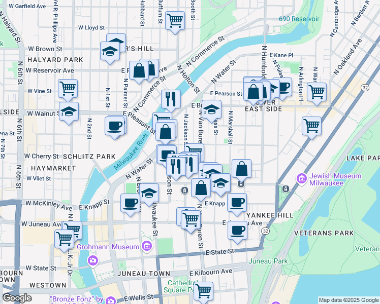 map of restaurants, bars, coffee shops, grocery stores, and more near 1526 North Jackson Street in Milwaukee