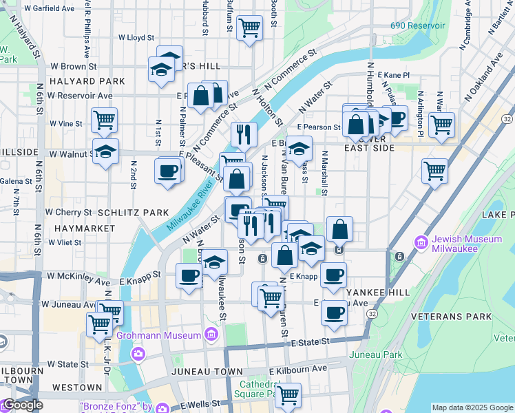 map of restaurants, bars, coffee shops, grocery stores, and more near 1526 North Jackson Street in Milwaukee