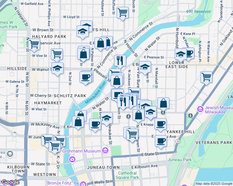 map of restaurants, bars, coffee shops, grocery stores, and more near 1525 North Jefferson Street in Milwaukee