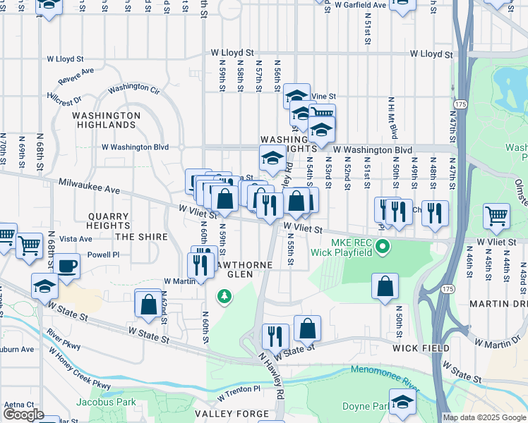 map of restaurants, bars, coffee shops, grocery stores, and more near in Milwaukee