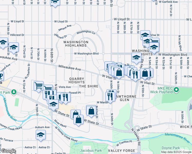 map of restaurants, bars, coffee shops, grocery stores, and more near 1423 Martha Washington Drive in Wauwatosa