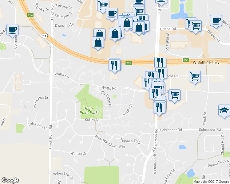 map of restaurants, bars, coffee shops, grocery stores, and more near 7221 Watts Road in Madison