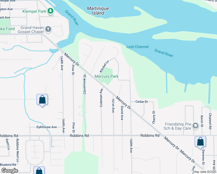 map of restaurants, bars, coffee shops, grocery stores, and more near 16143 Mercury Drive in Grand Haven