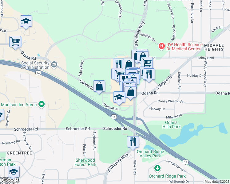 map of restaurants, bars, coffee shops, grocery stores, and more near 5578 Odana Road in Madison