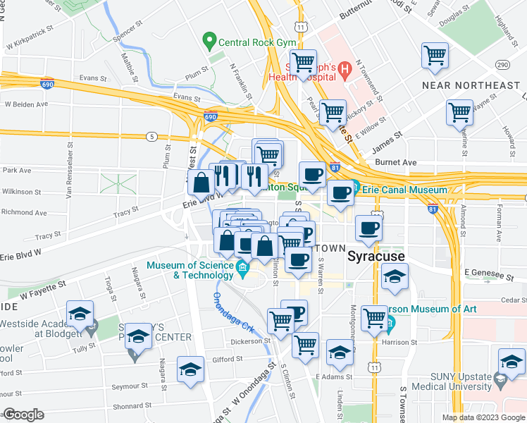 map of restaurants, bars, coffee shops, grocery stores, and more near 100 South Clinton Street in Syracuse
