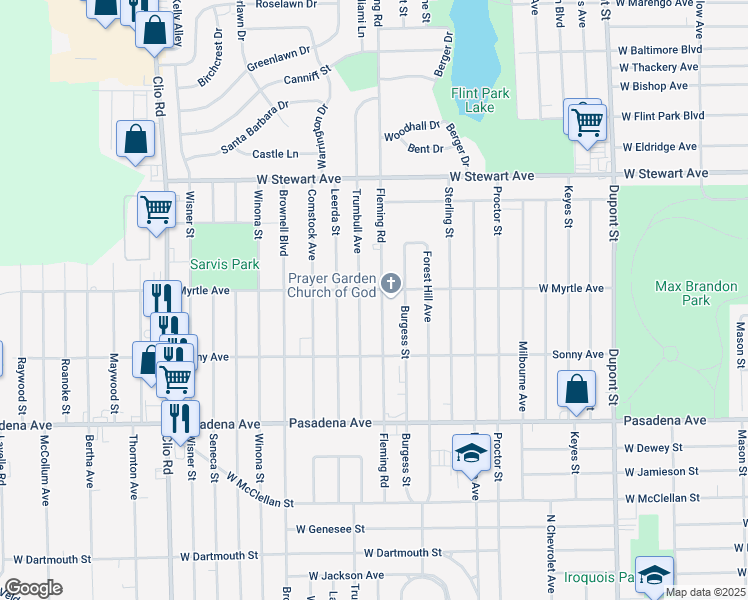 map of restaurants, bars, coffee shops, grocery stores, and more near 3910 Trumbull Drive in Flint