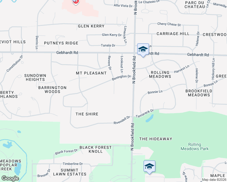 map of restaurants, bars, coffee shops, grocery stores, and more near 1423 Revere Drive in Brookfield