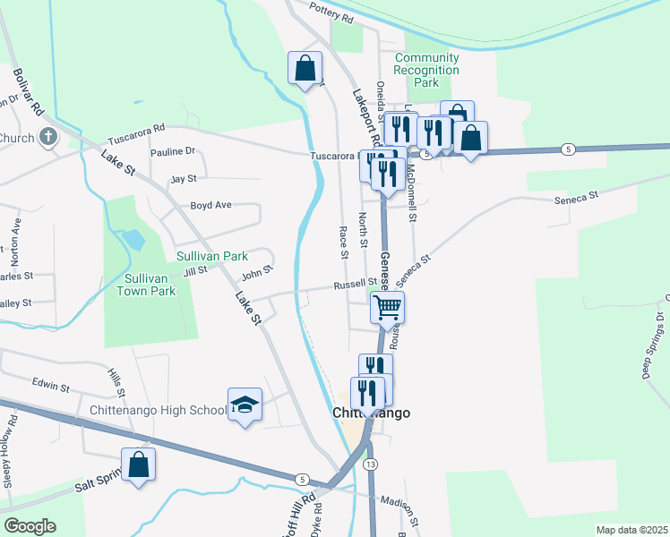 map of restaurants, bars, coffee shops, grocery stores, and more near 405 Race St in Chittenango