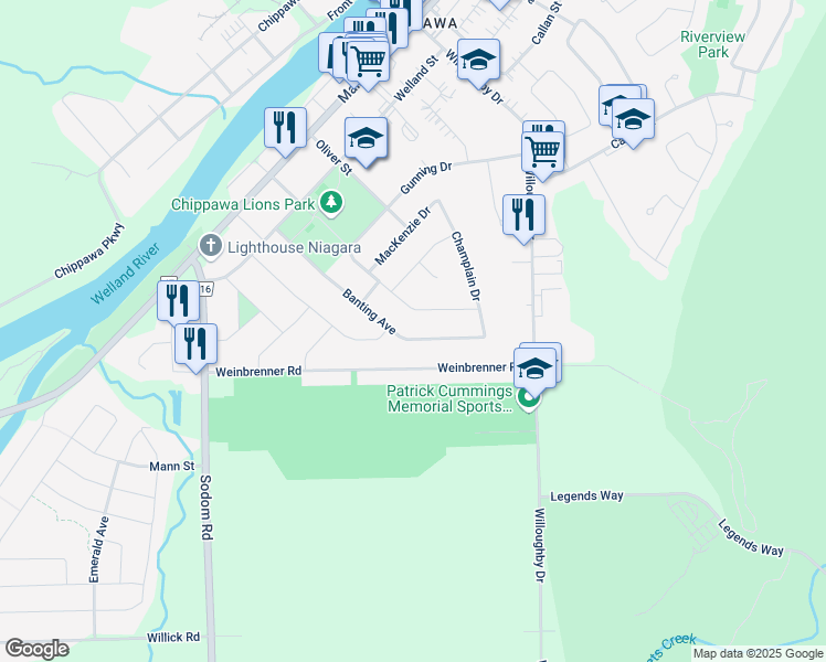 map of restaurants, bars, coffee shops, grocery stores, and more near 8816 Banting Avenue in Niagara Falls
