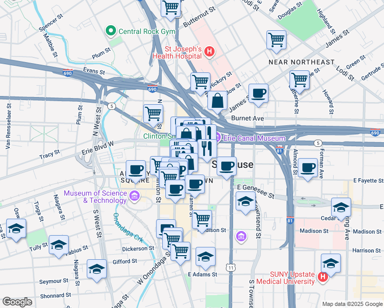 map of restaurants, bars, coffee shops, grocery stores, and more near 114 South Warren Street in Syracuse
