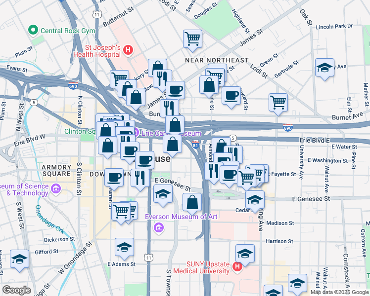 map of restaurants, bars, coffee shops, grocery stores, and more near 516 East Water Street in Syracuse