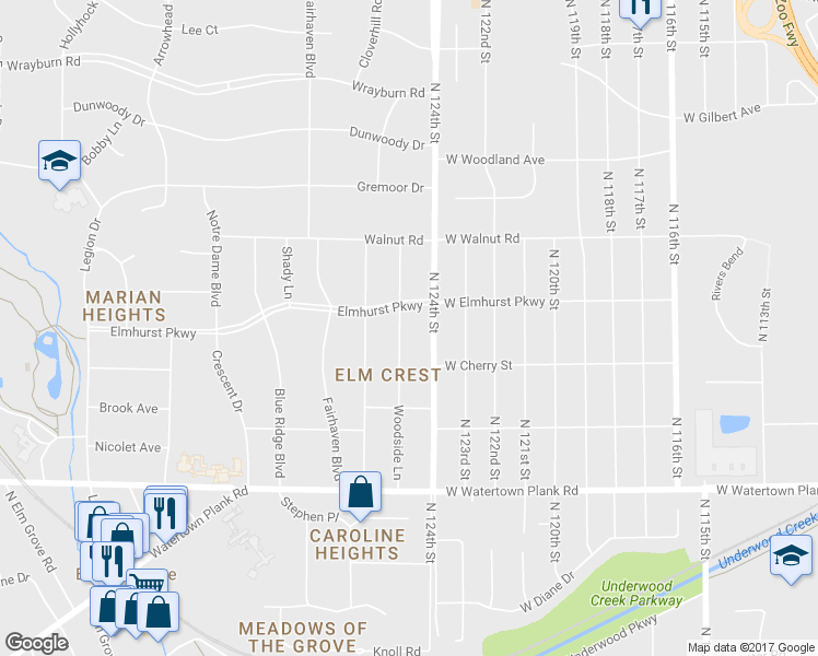 map of restaurants, bars, coffee shops, grocery stores, and more near 1530 Woodside Lane in Elm Grove