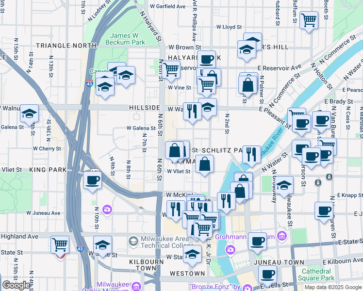 map of restaurants, bars, coffee shops, grocery stores, and more near 424 West Cherry Street in Milwaukee