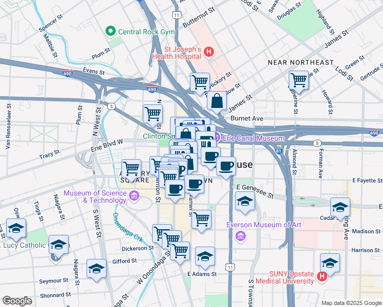 map of restaurants, bars, coffee shops, grocery stores, and more near 114 South Warren Street in Syracuse