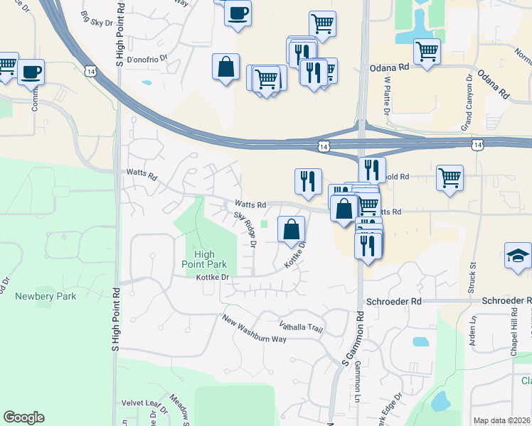 map of restaurants, bars, coffee shops, grocery stores, and more near 7201 Watts Road in Madison