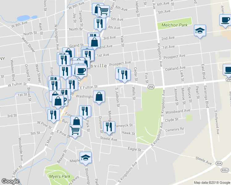 map of restaurants, bars, coffee shops, grocery stores, and more near 16 South Judson Street in Gloversville