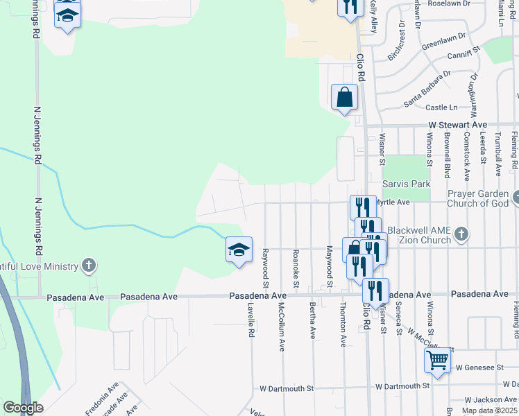 map of restaurants, bars, coffee shops, grocery stores, and more near 3137 Raywood Street in Flint