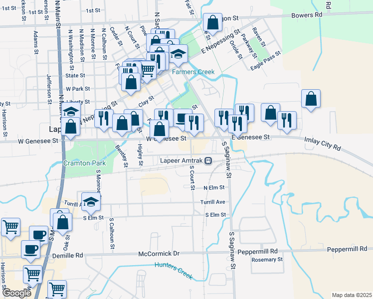 map of restaurants, bars, coffee shops, grocery stores, and more near 232 Howard Street in Lapeer