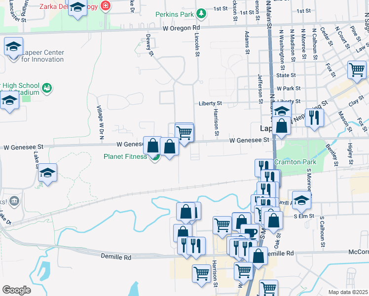 map of restaurants, bars, coffee shops, grocery stores, and more near 1789 West Genesee Street in Lapeer