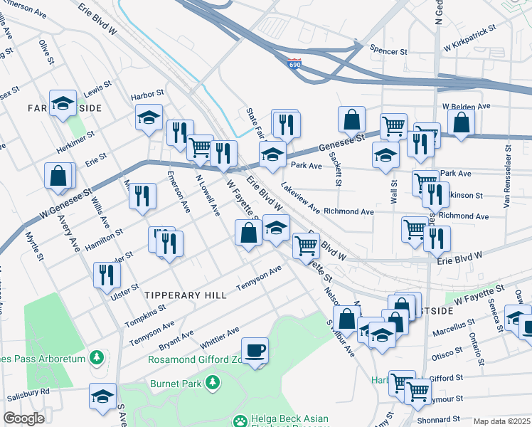 map of restaurants, bars, coffee shops, grocery stores, and more near 1510 West Fayette Street in Syracuse