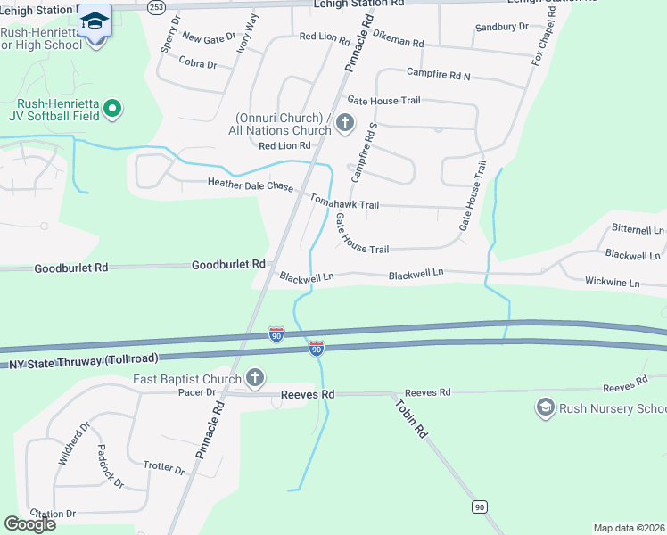 map of restaurants, bars, coffee shops, grocery stores, and more near 46 Blackwell Ln in Henrietta